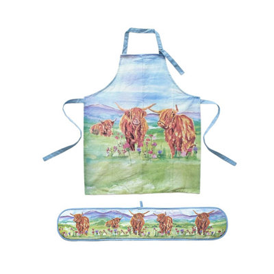 Double Oven Glove & Apron Set Highland Cows Design Baking Kitchen Linens 2Pcs - Image 2