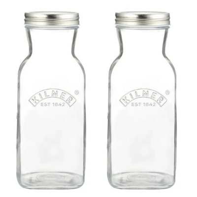Glass Jar 1L Square Juice Sauce Bottle Airtight Preserve Storage Container 2Pcs