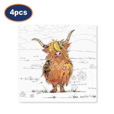 Ceramic Coaster Set Hamish Highland Cow Bug Art Coasters Drink Pad Cup Mat 4Pcs from B&Q