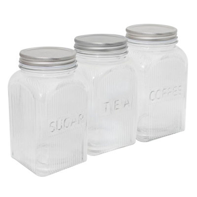 Tea Coffee Sugar Storage Jars 1.3L Clear Ribbed Square Glass Embossed Silver Lid from B&Q