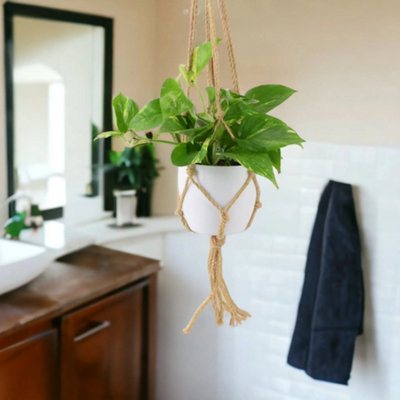 Hanging Ceramic White Macrame Planter Decorative Indoor Plant Pot With Rope Hanger from B&Q