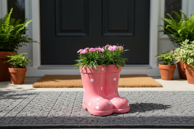 Pink Polka Dot Wellies Planter With Dianthus Ceramic Garden Decor Garden Plant from B&Q