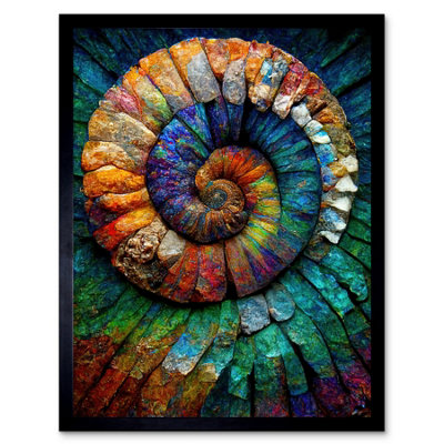 B&Q -  Framed Wall Art Bright Multicoloured Ammonite Fossil12X16 Inch
