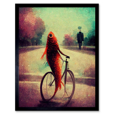 Artery8 Framed Wall Art Koi Fish With Bicycle Surrealism Purple Teal Park Dream12X16 Inch from B&Q