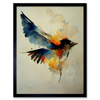 Artery8 Watercolour Paint Of Colourful Flying Bird 12X16" Framed Wall Art Print from B&Q