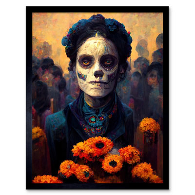Artery8 Framed Wall Art Day Of Dead Skull Marigold Flowers12X16 Inch from B&Q