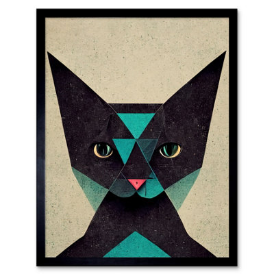 Artery8 Framed Wall Art Geometric Black Cat Teal Fun Quirky12X16 Inch from B&Q