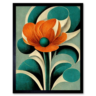 Artery8 Framed Wall Art Art Deco Poppy Flower Teal Orange Cream12X16 Inch from B&Q