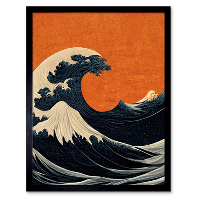 B&Q -  Framed Wall Art Minimalist Orange Sunset Sky Modern Style Of Great Wave Off Kanagawa12X16 Inch