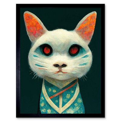 Artery8 Framed Wall Art Nihonga Kimono Cat Japanese12X16 Inch from B&Q