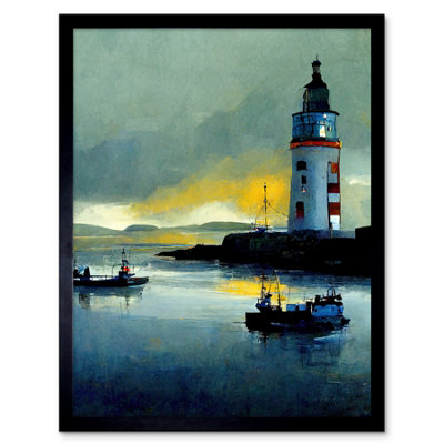 Artery8 Framed Wall Art Scottish Harbour Fishing Boats Lighthouse Modern12X16 Inch from B&Q
