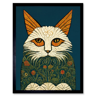 Artery8 Framed Wall Art Melancholy Moggie Cat William Morris Style Teal Gold12X16 Inch from B&Q