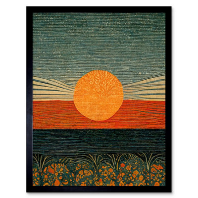 Artery8 William Morris Style Sunrise Over Sea Abstract 12X16" Framed Wall Art Print