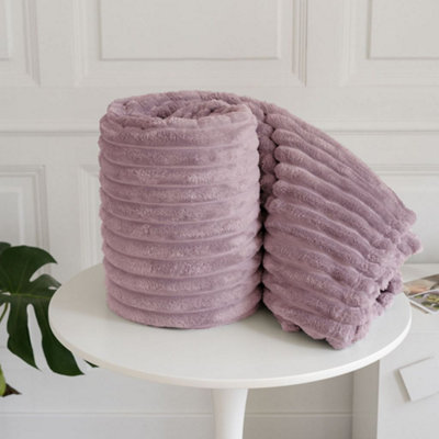 Homes & Linen Chunky Ribbed Cord Faux Fur Velvet Touch Sofa Bed Throwover Soft Touch Blanket Blush Pink (150 X 200Cm)