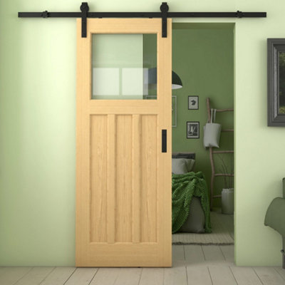B&Q -  Oak 1930S 3 Panel Clear Glass Internal Sliding Barn Door