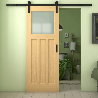 B&Q -  Oak 1930S 3 Panel Frosted Glass Internal Sliding Barn Door