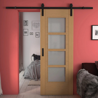 Green & Taylor Oak Ladder 4 Lite Frosted GlassPrefinished Internal Sliding Barn Door from B&Q