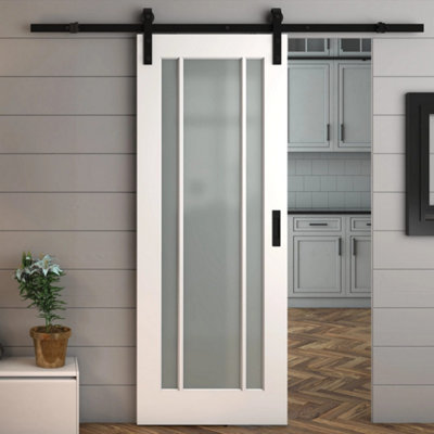 Green & Taylor Green/White & Taylor Worcester Primed Lite Frosted Glass Internal Sliding Barn Door Size 3