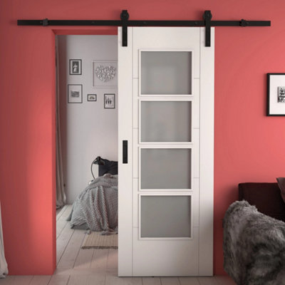 Green & Taylor White Ladder 4 Lite Frosted GlassPrefinished Internal Sliding Barn Door from B&Q