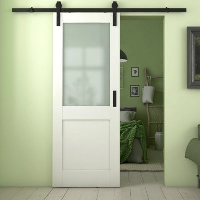 Green & Taylor White Shaker 2 Lite Frosted GlassPrefinished Internal Sliding Barn Door from B&Q
