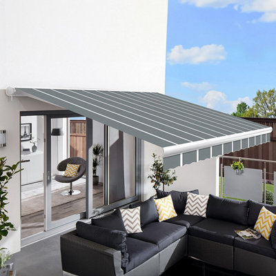 Primrose Awnings 3.0M X 2.5M Retractable Electric Full Cassette Pin Striped Grey Awning Outdoor Patio Canopy from B&Q