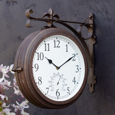 Primrose Bronze Outdoor Garden Station Clock With Thermometer Antique Double Sided