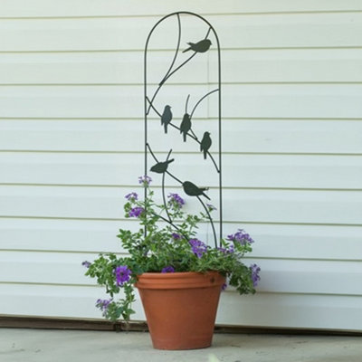 Primrose Metal Perching Birds Design Pot Trellis In Black 101Cm