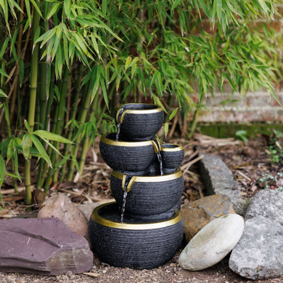 Primrose Solar Power 3 Tier Stacked Bowls Gold Edge Water Feature Cascade Led Lights 46Cm from B&Q