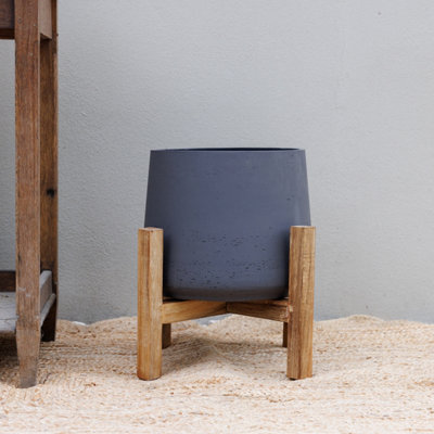 Primrose Textured Concrete Round Garden Planter With Wooden Stand In Grey 43Cm from B&Q