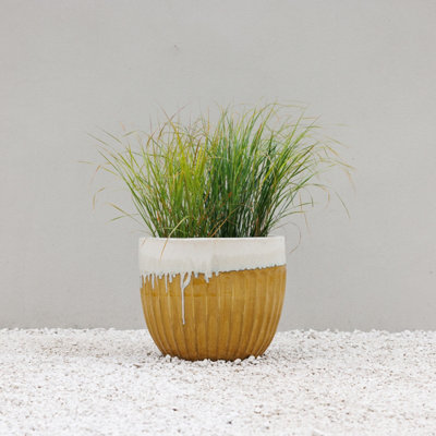 Primrose Ribbed Textured Glazed Round Patio Planter In Two Tone Yellow 45Cm from B&Q