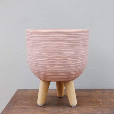 Primrose Round Textured Patio Planter With Wooden Legs In Pink 23Cm from B&Q