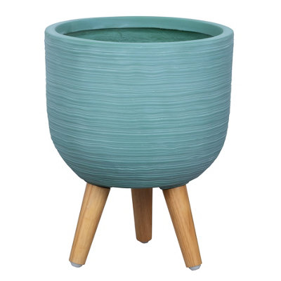 Primrose Round Textured Patio Planter With Wooden Legs In Blue 30Cm from B&Q