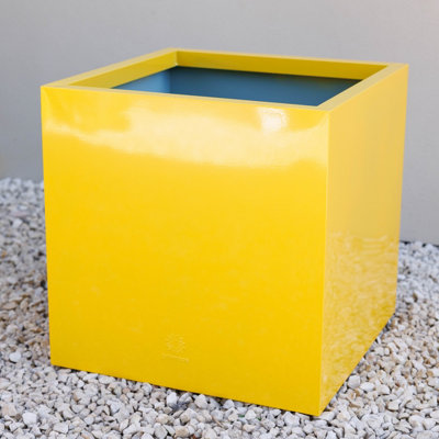 B&Q -  Galvanised Zinc Cube Outdoor Garden Planter In Yellow 50Cm