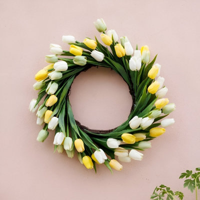Primrose Artificial Tulip Flower Wreath With Hanging Loop In Yellow 50Cm from B&Q