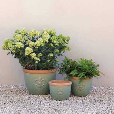 Primrose Fiore Fleur De Lys Patterned Ceramic Planter In Green 32Cm from B&Q