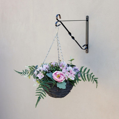 Primrose Artificial Peonies And Hydrangeas Hanging Floral Arrangement In Wicker Basket 32Cm from B&Q