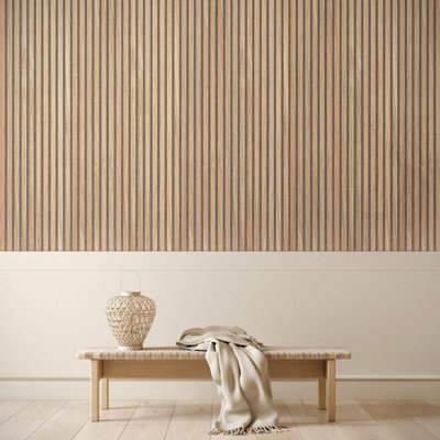 Wvh Acupanel Contemporary Natural Oak Slat Acoustic Wood Wall PanelPremium OiledGrey Felt Backing300Cm X 60Cm from B&Q