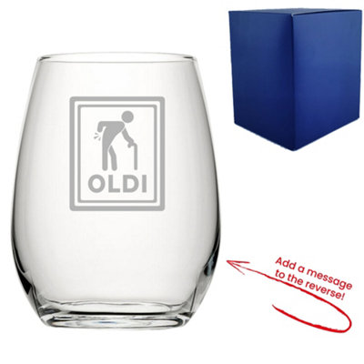  - Personalised Engraved Stemless Wine Glass With Oldi Design And Reverse Message