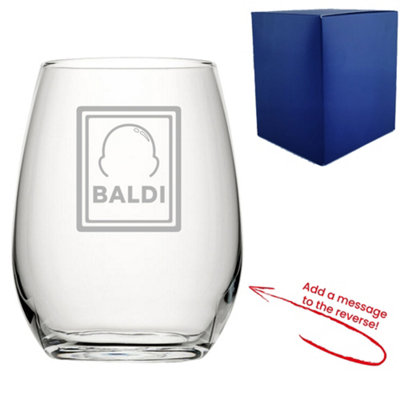  - Personalised Engraved Stemless Wine Glass With Baldi Design And Message Reverse