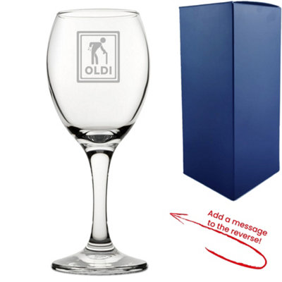 - Personalised Engraved Wine Glass With Oldi Design And Message On Reverse