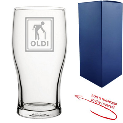  - Personalised Engraved Oldi Design Pint Glass With Message On Reverse