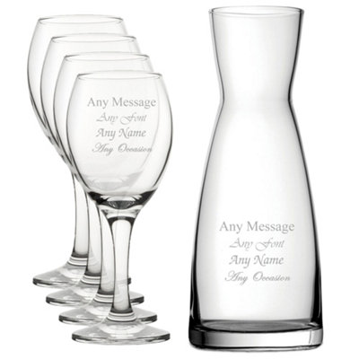  - Personalised Engraved Contemporary Glass And Crystal Carafe Set With 4 Pure Wine Glasses 310Ml
