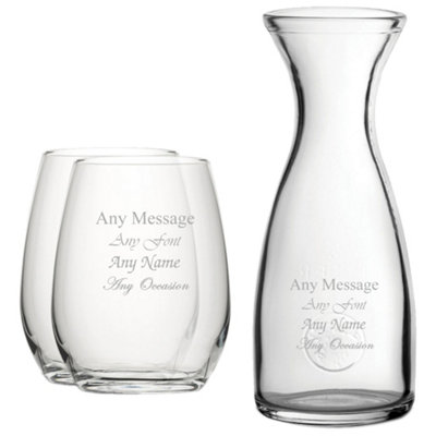  - Personalised Engraved 2 Stemless Wine Glasses And 1 Litre Glass Carafe 570Ml