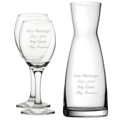  - Personalised Engraved Contemporary Glass Crystal Carafe With 2 Pure Wine Glasses 310Ml