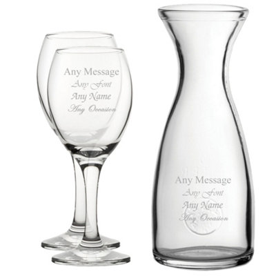  - Personalised Engraved 2 Pure Wine Glasses And 1 Litre Glass Carafe 310Ml