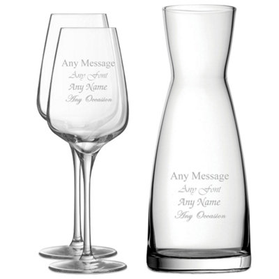 - Personalised Contemporary Glass Crystal Carafe Set With 2 Engraved Sublym Wine Glasses 450Ml