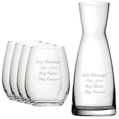  - Personalised Engraved Contemporary Crystal And Glass Carafe With 4 Stemless Wine Glasses 570Ml