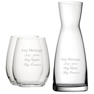  - Personalised Engraved Set Of 2 Stemless Wine Glasses & Contemporary Carafe Glass Crystal 570Ml