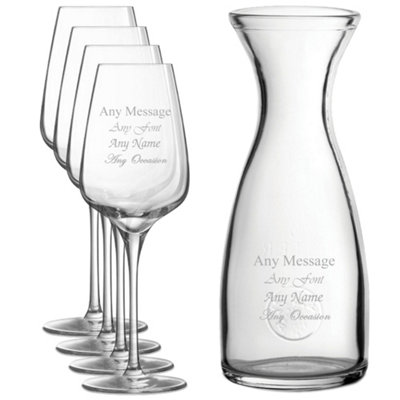  - Personalised Engraved 4 Sublym Wine Glasses And 1 Litre Glass Carafe 450Ml