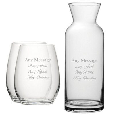  - Personalised Engraved Set Of 2 Stemless Wine Glasses And Village Glass Carafe 570Ml